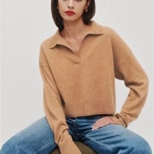 Reformation Camel V-Neck Cropped Cashmere Sweater